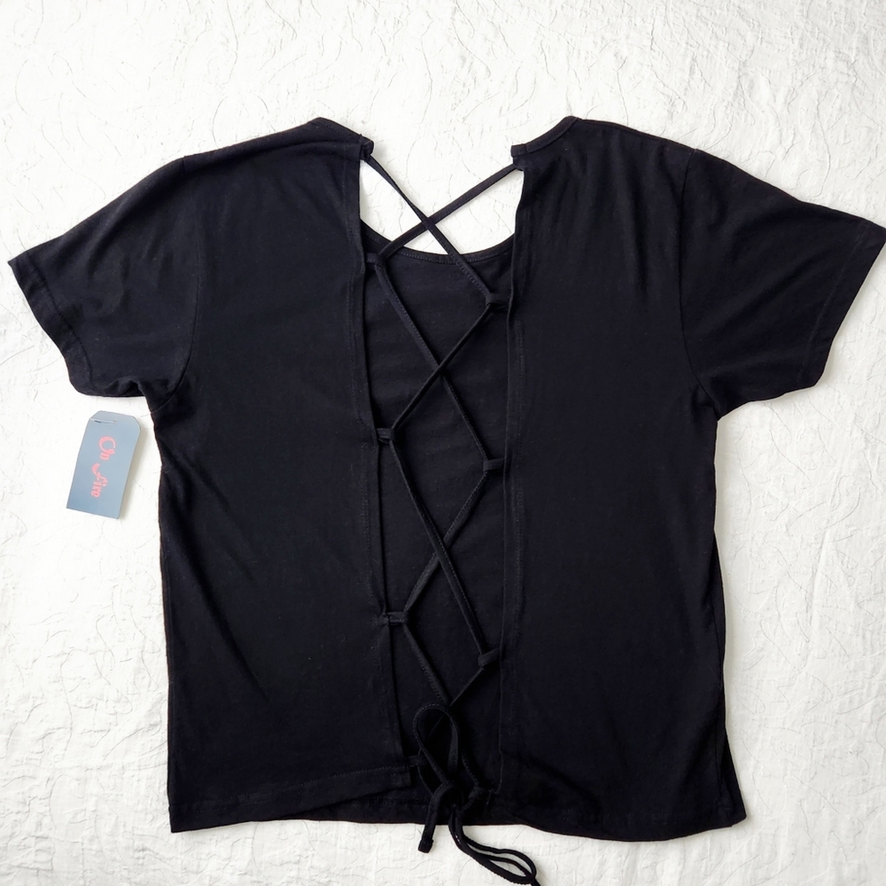 On Fire Black 100% Cotton Short Sleeve T-Shirt With Lace-Up Back, Size XL - Picture 16 of 16